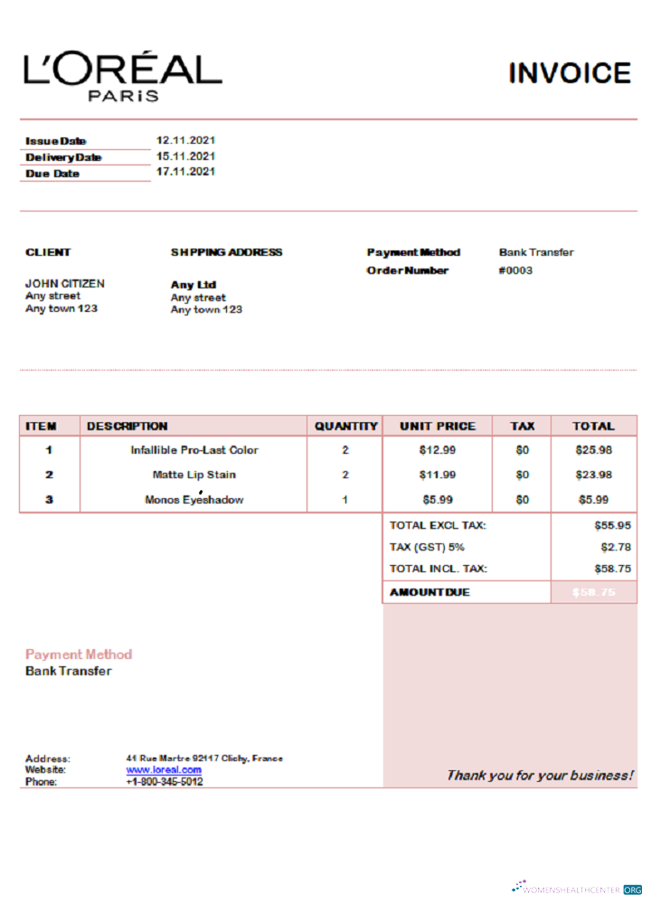 Download USA L’oreal Paris invoice Photoshop template